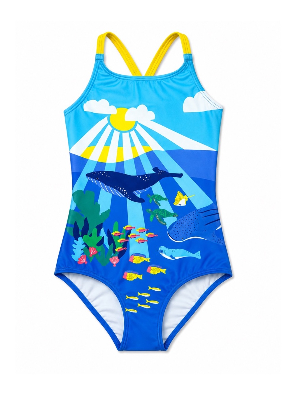 Boden Blue & Yellow Ocean Animal Sea Graphic Crossback 1-Piece Swimsuit 13/14
